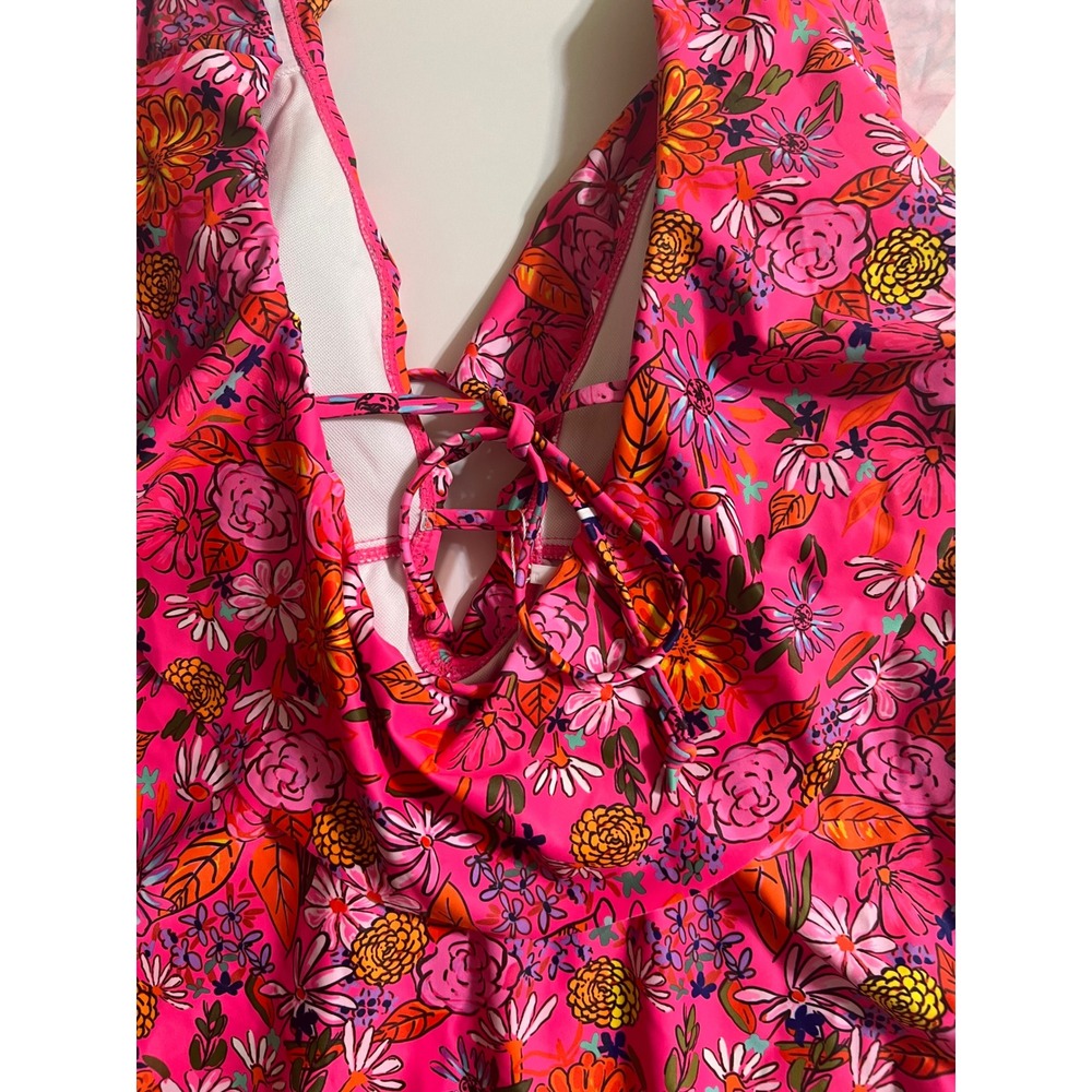Sporlike Womens Pink Floral Ruffle V-Neck Lace Up One Piece Swimsuit Size L NEW - Picture 5 of 7